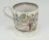 Victorian cricket mug. A 19th Century Staffordshire mug with transfer printed decoration in to either side of a cricket match in progress, with tents and church to the background some hand colouring, with an oak leaf design to inner rim, the handle with c - 2