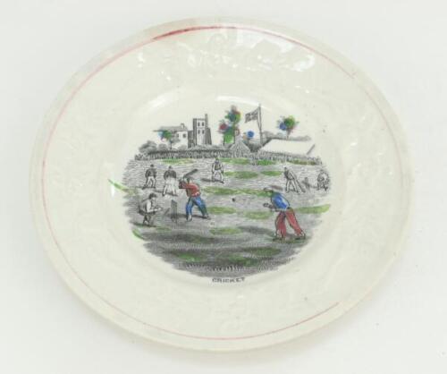 Victorian cricket plate. A 19th Century Staffordshire plate with transfer printed decoration centre of a cricket match in progress, with tents, a flag, church and large crowd to the background, some hand colouring. Title ‘Cricket’ printed under the image.