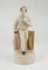 Continental cricket figure. Early bisque cricketing figure of an early bowler on naturalistic base, wearing a white cap, blue spotted shirt with light blue tie, white trousers, colourful sash, standing with a pink blazer to one side and wicket and bat to 