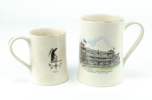 Lord’s Cricket Ground- The Pavilion. Marylebone Cricket Club’. Two examples of the Sandland ware ceramic tankards with transfer printed images in colour of the pavilion at Lord’s, each with old father time to verso. One 5” and the other 3.75”. Gold lustre