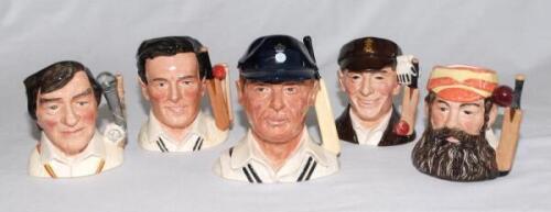 Royal Doulton toby jugs. Nine Royal Doulton ceramic caricature cricket toby jugs of Jack Hobbs, W.G. Grace, Brian Johnston, Len Hutton, Freddie Trueman, Denis Compton, Dickie Bird, Ian Botham and ‘The Hampshire Cricketer’. Each limited edition and standin