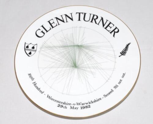 ‘Glenn Turner. 100th Hundred. Worcestershire v Warwickshire- Scored 311 not out 29th May 1982’. A not often seen plate produced by Severnside Ceramics, Worcester and Duncan Fearnley, to commemorate Turner achieving 100 first-class centuries. VG.