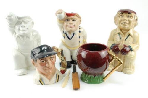 Ceramic Cricket items. Eclectic selection of items, Royal Doulton limited edition ceramic caricature toby jug of Len Hutton 1993, Sylvac ceramic red cricket ball shaped mug with stump handle, The Batsman H.J. Wood toby jugs 1960s/1970s and two copies of t