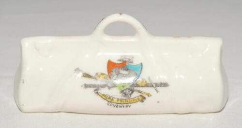 Cricket bags. Four large crested china cricket bags with colour emblems for ‘Coventry’, ‘Leeds’, Southampton’ and ‘West Kirby’. Each Approx 4.25” long. Plus a medium cricket bag for ‘Great Yarmouth’. Various makers. Qty 5. G.