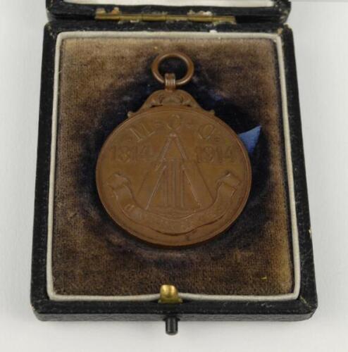 Joseph Humphries. Derbyshire & England 1899-1914. M.C.C. Centenary 1814-1914. Original medal presented to Humphries to mark 100 years of the third Lord’s Cricket Ground. The bronze metal medal with ‘M.C.C. 1814-1914, with cricket bat and stump decoration’