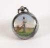 Cricket sovereign case. A Victorian silver sovereign case, decorated in enamel with a figures of a bearded batsman wearing a hooped cap, with bat raised in front of the wicket to one side. The case, with hallmarks for what appears to be London 1897, has t