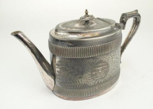 ‘Stamford Hill Cricket Club’. Silver plated decorative teapot engraved with inscriptions to both sides of the main body in fern/floral cartouches . One with the name of the club ‘Stamford Hill Cricket Club’ and the other ‘Presented by W. Harris Esq to Mr 