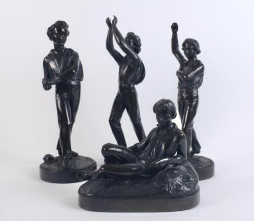 Joseph Durham 1814-1877. Excellent collection of four classic bronze figures of a cricketers in various poses by Durham. The figures with rich brown patina are entitled ‘The Bowler’, ‘The Catch’, ‘Throwing’ and ‘Waiting his Innings’, the first three stand