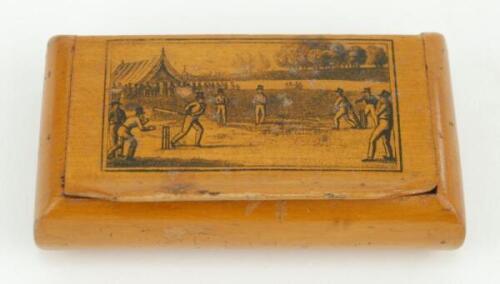 Cricket snuff box. Wooden oblong snuff box with hinged lid, the lid with a cricketing scene of a match in progress. The box measures approximately 3.25”x 2”. Minor wear otherwise in good condition.