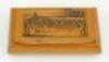 Cricket snuff box. Wooden oblong snuff box with hinged lid, the lid with a cricketing scene of a match in progress. The box measures approximately 3.25”x 2”. Minor wear otherwise in good condition.