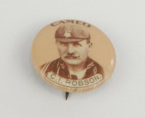 Charles Robson. Midddlesex & Hampshire 1881-1906. Rare Cameo Cigarette picture pin badge/button of Robson, head and shoulders. ‘Buttons made by The Whitehead & Hoag of Newark. N.J. Patent April 14th 1896, July 21st 1896. Good condition.