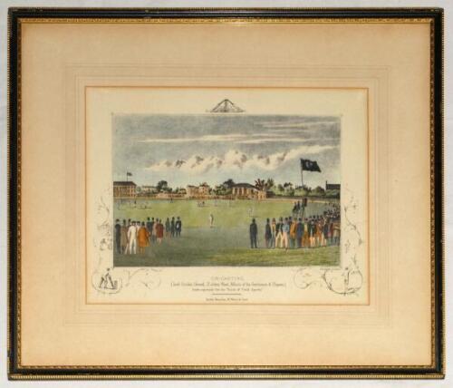 Lithograph, ‘Cricketing. (Lord’s Cricket Ground, St John’s Wood. Match of the Gentlemen & Players)”, colour lithograph by Thinot Lorrette. Published by Henry Lea of London. ‘Drawn expressly for the “Book of Field Sports”’ c.1860. Attractively mounted, fra