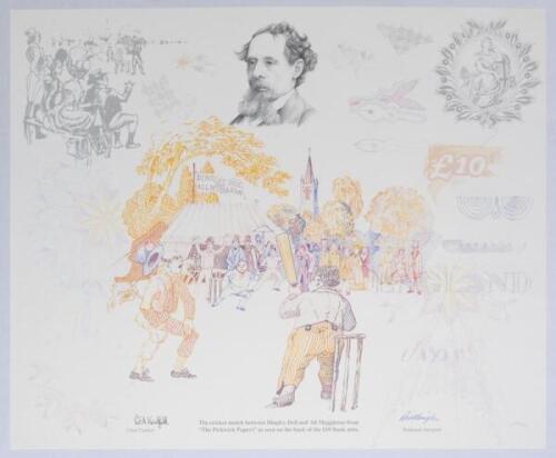 ‘The. £10 Cricket Scene’. Limited edition print of designs for the. £10 banknote first issued in 1992 depicting Charles Dickens, scenes of the cricket match between Dingley Dell and All Muggleton as depicted in ‘The Pickwick Papers’ etc. Limited edition n