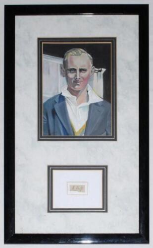 Hedley Verity. Yorkshire & England 1930-1939. Signature in ink of Verity on piece window mounted below an original pastelcolour head and shoulders portrait of Verity. Mounted, framed and glazed, overall 12.75”x21”. VG.