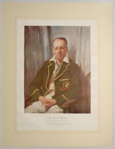 ‘Sir Donald Bradman’. Large colour print of a portrait of Bradman, seated three quarter length wearing Australia Test blazer. Printed title to lower border with description, ‘The original was presented to the South Australian Cricket Association by the Tr