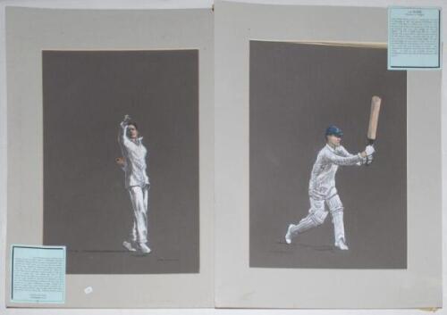 Frank Edward Woolley (Kent & England 1906-1938) and John William ‘Jack’ Hearne (Middlesex & England 1909-1936). Two original pastel drawings of Woolley in bowling pose and Hearne batting by John Hawkins 1993-1995. Both signed by the artist. Both mounted, 