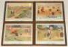 Comic prints c.1930s. Four colour prints of cartoons depicting children playing cricket. Subjects are ‘A Duck’, series no. 1770, ‘Mid Fielding’ no. 1772, ‘The Hat Trick’ no. 1773, and ‘Leg Before’, no. 1774. Artist and publisher unknown. Each framed and g