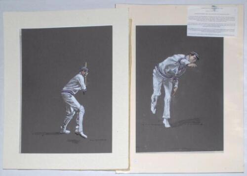 Charles Lucas Townsend. Gloucestershire & England 1893-1922. Two original pastel drawings of Townsend by John Hawkins 1995-1996. One depicts Townsend in batting pose, the other batting. Both signed by the artist. Both mounted, each overall approx. 21”x16”