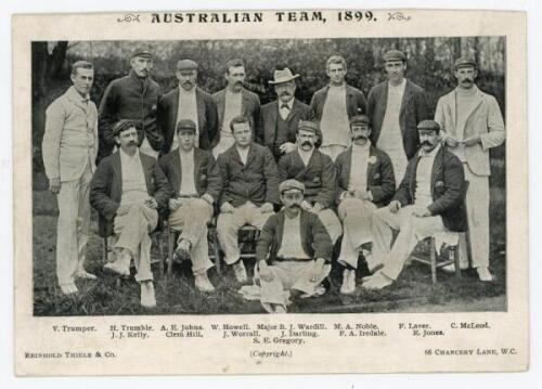 ‘Australian Team 1899’. Black and white large format postcard of the 1899 Australian team. Postcard by Reinhold Thiele & Co. Players featured include Trumper, Darling, Noble, Kelly, Hill etc. 6.5”x4.5”. Some trimming to top edge. Adhesive damage to verso,