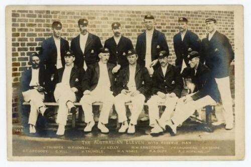 ‘The Australian Eleven with Reserve Man’ 1903/04. Rare original mono real photograph postcard of the Australian team for the 2nd Test against England at Melbourne, 1st- 5th January 1904. Broom series no. 1386B. Players featured are Noble (Captain), Trumpe