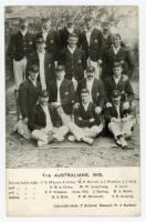 ‘The Australians, 1905’. Early mono postcard of the Australian team who toured England in 1905. T. Bolland series. Vertical card with image of the touring party and printed title and players’ names to lower border. Players featured include Darling (Captai