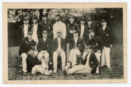 ‘Australian Team 1905’. Early mono postcard of the Australian team who toured England in 1905 with players’ names and title captions. Published by ‘G.B. Co[?]’ series no. 0524, printed in Frankfurt. Players featured include Darling (Captain), Noble, Kelly