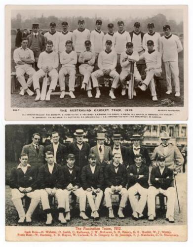 Australia tour to England 1912. Two original mono postcards of the Australian touring party for the Triangular Tournament. Both postcards with printed titles and players’ names. Players featured include Gregory (Captain), Jennings, Carkeek, Mayne, Bardsle