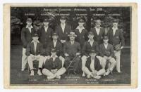 ‘Australian Cricketers. American Tour 1913’. Scarce mono postcard of the Australian touring team, standing and seated in rows, wearing tour caps and blazers. Title and players names to top border, further players names to lower border. Players include Dia