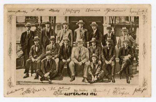 ‘The Victorious 1921 Australian Team’. Sepia printed postcard of the Australian team who toured England in 1921, seated and standing in rows, wearing suits and ties and all wearing trilby hats, in the courtyard of the Hotel Cecil, London on 30th September