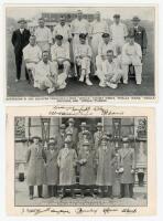 Australian tour to England 1926. Two mono printed advertising postcards of the 1926 Australian touring party, one for Viyella, postally unused, the other for Aquatites Raincoats. The Aquatites postcard unevenly trimmed to all edges, otherwise in good cond