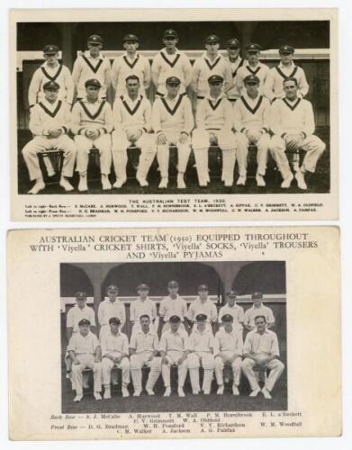 Australian tour to England 1930. Two mono postcards of the 1930 Australian touring party. One a real photograph postcard published by J. Smith Bookstall, Lord’s, the other an advertising postcard for Viyella. Both with printed titles and players’ names to