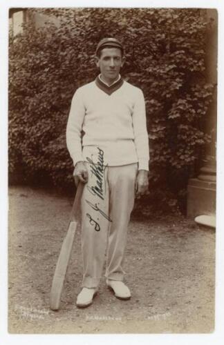 Thomas James Matthews. Victoria & Australia 1906-1915. Excellent sepia real photograph postcard of Matthews, full length leaning on a bat, wearing Australian cap, taken on the 1912 Australian tour of England for the Triangular Series with England and Sout