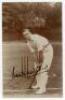 Frank Mitchell. Cambridge University, Yorkshire, London County, Transvaal, England & South Africa 1894-1912. Excellent sepia real photograph postcard of Mitchell, full length at the wicket in batting pose. The postcard very nicely signed to the image in b