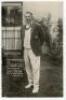 Warwick Windridge Armstrong. Victoria & Australia 1898-1922. A rarely seen mono ‘Jaeger’ advertising postcard of Armstrong standing full length wearing Australia blazer and cricket attire. Caption to image ‘W.W. Armstrong 1921. Capt. Australia Team in Jae