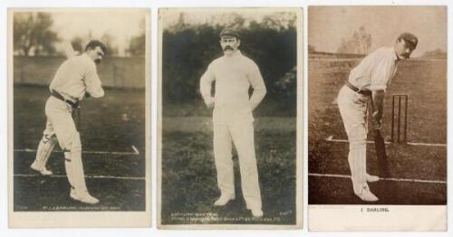 Joseph ‘Joe’ Darling. South Australia & Australia 1893-1908. Two rarer early mono real photograph postcards of Darling. One in batting pose published by Hartmann, ‘Off Drive’, series no. 1654, the other standing full length wearing cricket attire, by Thie