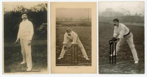 James Joseph Kelly. New South Wales & Australia 1894-1907. A rarer early mono real photograph postcard of Kelly standing full length wearing cricket attire and cap, holding a ball, published by Thiele/ Ralph Dunn & Co. series no. 1007. An excellent image,