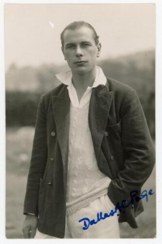 Dallas Alexander Chancellor Page. Gloucestershire 1933-1936. Mono real photograph postcard of Page standing three-quarter length wearing cricket attire and blazer. Boldly signed in blue ink by Page to the photograph. H.K. Fox of Gloucester. Postally unuse