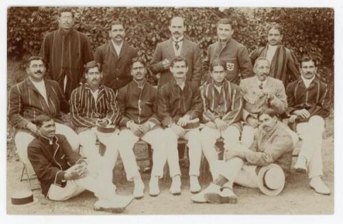 All India inaugural tour to England 1911. Rare and early original sepia real photograph postcard of the India touring party seated and standing in rows wearing assorted blazers. The photograph by E. Hawkins & Co. Postally unused. An excellent image, the p