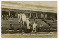 ‘Sussex v India Hove 1911. Indian team entering the field for first day’s play’. Rare sepia real photograph postcard for the match played at Hove, 21st- 23rd August 1911. The postcard shows the Indian players being led on to the field from the pavilion by