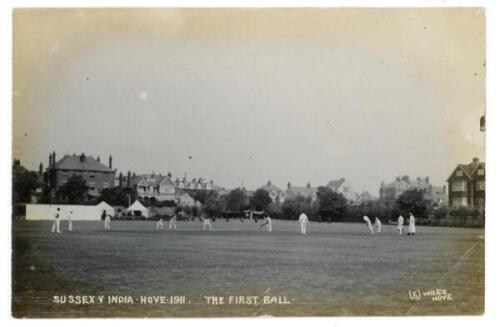 ‘Sussex v India Hove 1911. The first Ball’. Rare sepia real photograph postcard for the match played at Hove, 21st- 23rd August 1911. The postcard shows Salam-ud-din bowling the first ball of the match to R.R. Relf of Sussex. Wiles of Hove, no. 5. Postall