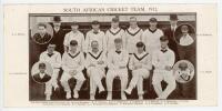 ‘South African Cricket Team, 1912’. Rare large format mono postcard of the South African touring party depicted seated and standing in rows wearing cricket attire with four players in cameo. Printed title and players’ names to borders. Players featured in