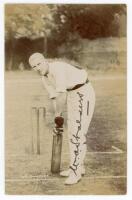 William Alfred Shalders. Griqualand West, Cape Colony, Transvaal, London County & South Africa 1897-1908. Good sepia real photograph postcard of Shalders, full length, in batting pose at the wicket. The postcard very nicely signed to image in black ink by