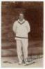 George Aubrey Faulkner. Transvaal, M.C.C. & South Africa, 1902-1920. Excellent sepia real photograph postcard of Faulkner standing full length in cricket attire. The postcard very nicely signed to image in black ink by Faulkner. E. Hawkins & Co., Brighton