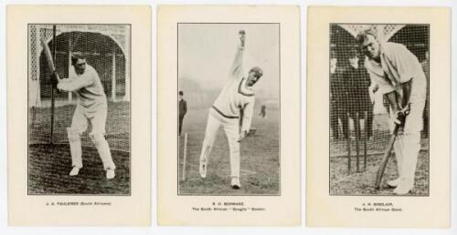 South Africa Test cricketers 1907. Five mono postcards each depicting a South Africa Test player in various batting and bowling poses. Player’s name printed to lower border. Players featured are J.A. Faulkner, R.O. Schwarz ‘The South African “Googlie” Bow