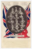 The Ashes. ‘Warner’s English Cricket Team’ to Australia 1903/04. Early colour and mono postcard showing cameo images of the team to centre surrounded by colour England and Australian flags. Printed players’ names to top border. M’Neill & Bruce Print. Post