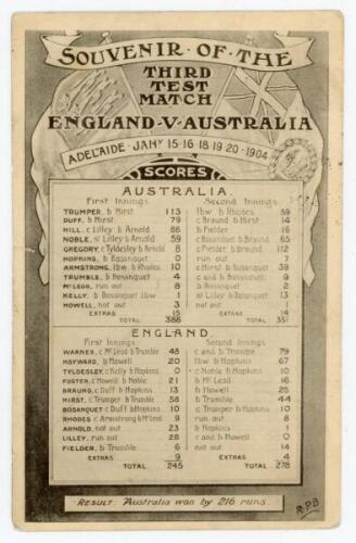 The Ashes. ‘Souvenir of the Third Test Match England v Australia’ 1903/04. Rare early mono postcard of the scorecard for the match played at Adelaide, 15th- 20th January 1904, with decorative title and background of flags. Printed initials ‘R.P.B.’ to low