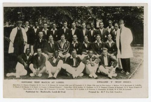 ‘Historic Test Match at Lord’s. England v West Indies’ 1928. Original mono real photograph postcard of the two teams and umpires seated and standing in rows wearing cricket attire and blazers. Printed title and players’ names to lower border. Published by