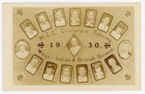 ‘M.C.C. Cricketers Touring West Indies & British Guiana 1930’. Original sepia real photograph postcard depicting cameo images of the sixteen original members of the M.C.C. touring party with title to centre. Players featured include Calthorpe (Captain), S