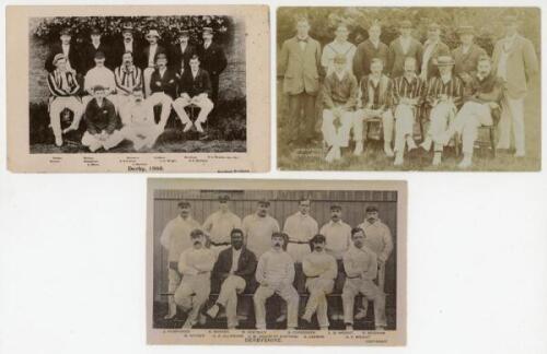 Derbyshire C.C.C. 1908 & 1913. Two mono real photograph postcards of Derbyshire teams depicting players seated and standing in rows. Teams are 1908, published by Davidson Brothers, and 1913 by Brighton View Co. Sold with a mono Star Series postcard of the