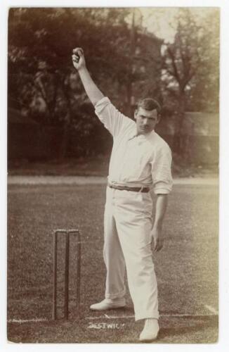 William Bestwick. Derbyshire 1898-1925. Early sepia real photograph postcard of Bestwick, full length at the wicket in bowling pose. Blind embossed stamp for Foster of Brighton to lower left corner. Postally unused. Slight fading to one edge, otherwise in